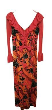 VTG 70s Wanda Belli San Francisco Hostess Maxi Dress size 10 Orange Red Ruffle